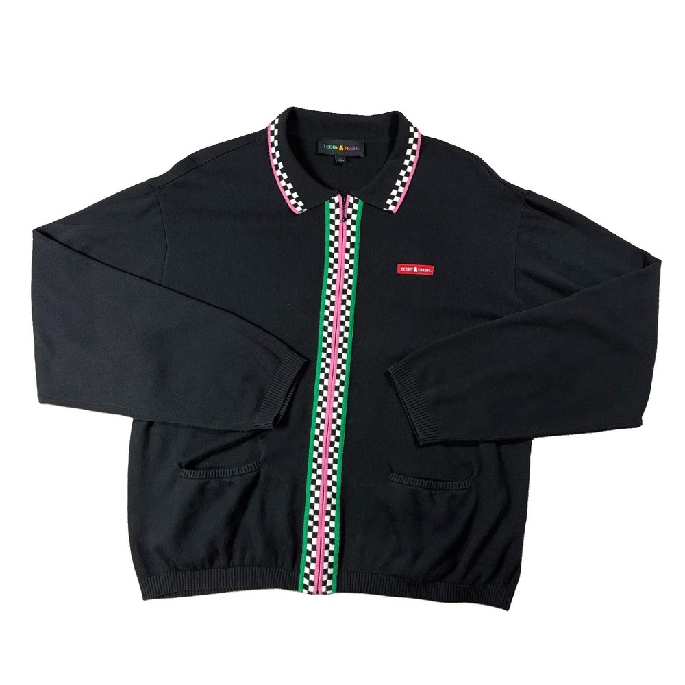 Teddy Fresh Full Zip Collared Cardigan Sweater Checkered Trim Black Mens L Indie